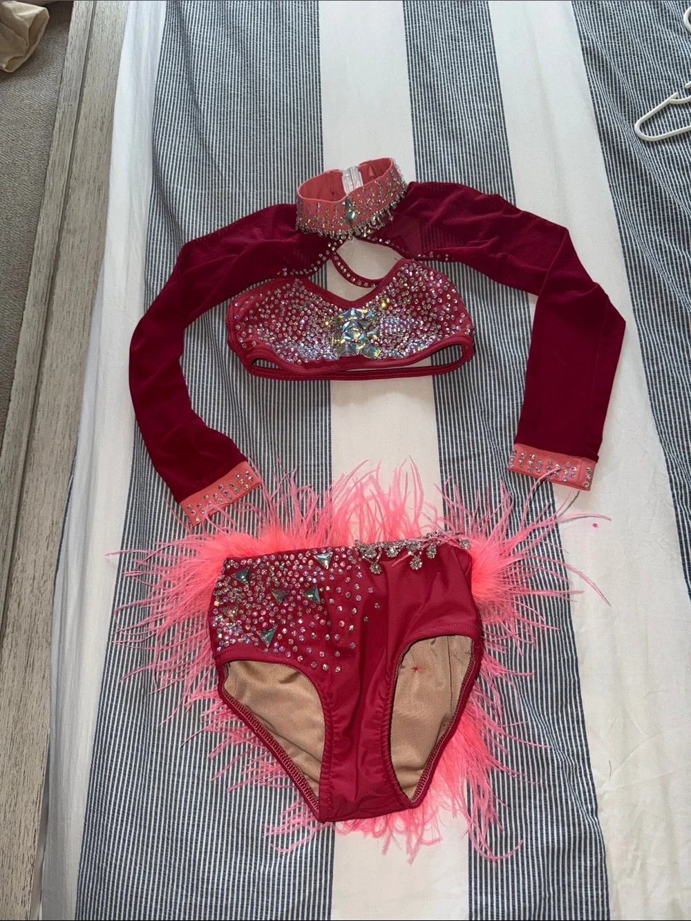 Glamour dance costume  Red feather rhinestone two piece